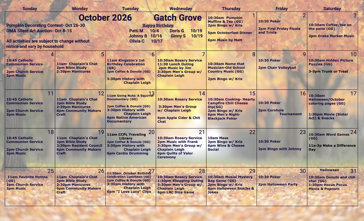 Gatch Grove Oct 26 calendar
